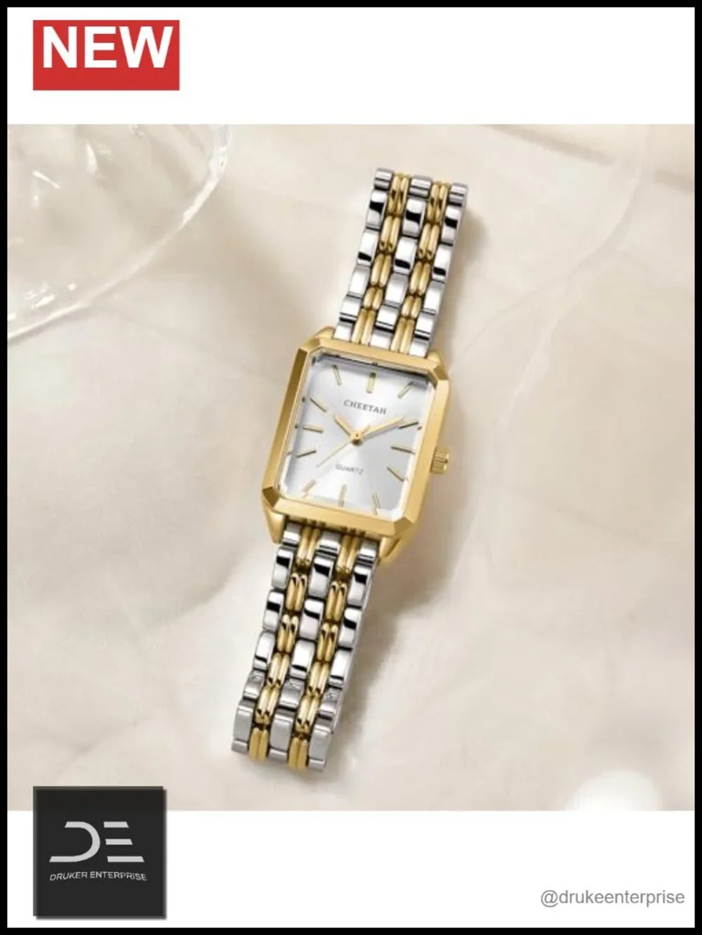 Retro Rectangular Gold-Tone Stainless Steel Watch, Japanese Quartz Movement,